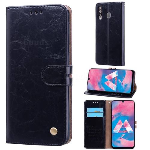 Luxury Retro Oil Wax PU Leather Wallet Phone Case for Samsung Galaxy M30 - Deep Black