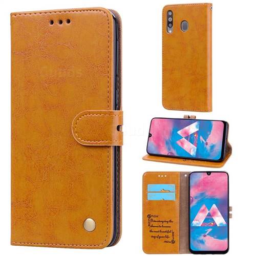 Luxury Retro Oil Wax PU Leather Wallet Phone Case for Samsung Galaxy M30 - Orange Yellow
