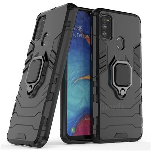 Black Panther Armor Metal Ring Grip Shockproof Dual Layer Rugged Hard Cover for Samsung Galaxy M30s - Black