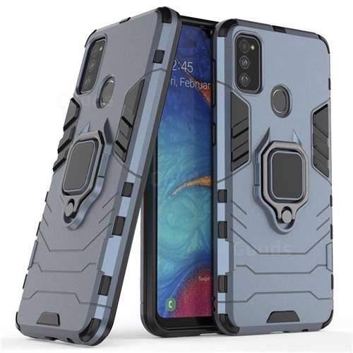Black Panther Armor Metal Ring Grip Shockproof Dual Layer Rugged Hard Cover for Samsung Galaxy M30s - Blue