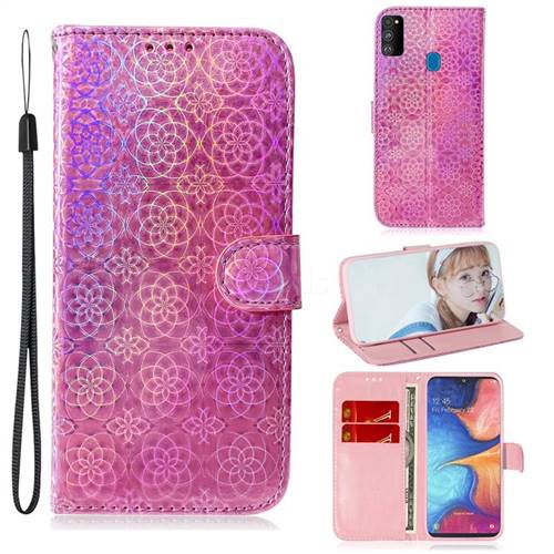 Laser Circle Shining Leather Wallet Phone Case for Samsung Galaxy M30s - Pink