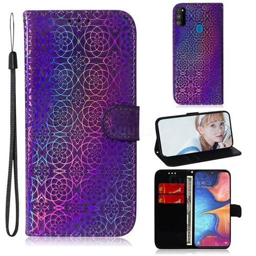 Laser Circle Shining Leather Wallet Phone Case for Samsung Galaxy M30s - Purple