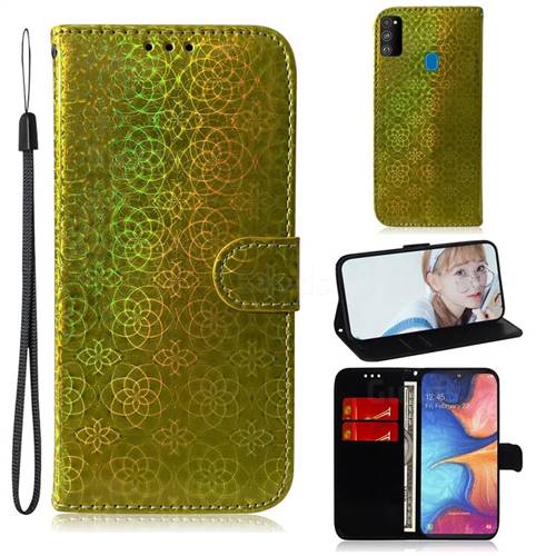 Laser Circle Shining Leather Wallet Phone Case for Samsung Galaxy M30s - Golden
