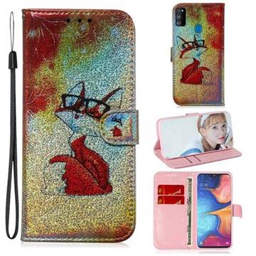 Glasses Fox Laser Shining Leather Wallet Phone Case for Samsung Galaxy M30s