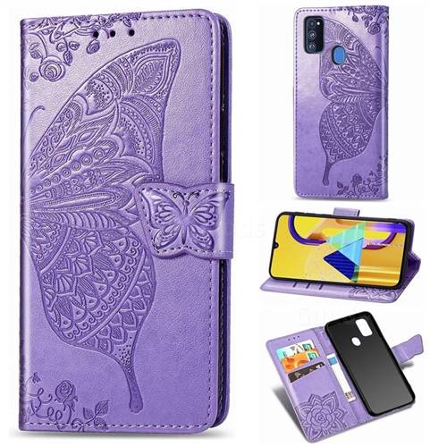 Embossing Mandala Flower Butterfly Leather Wallet Case for Samsung Galaxy M30s - Light Purple
