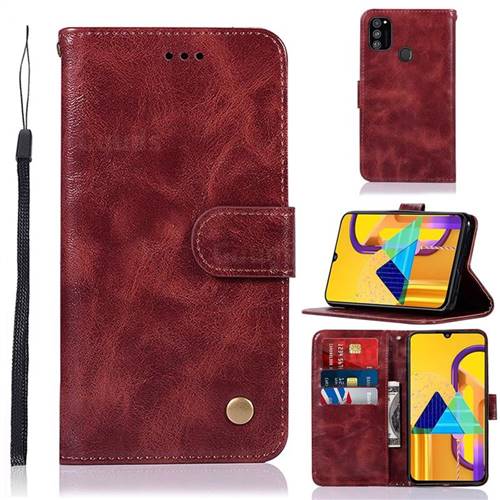 Luxury Retro Leather Wallet Case for Samsung Galaxy M30s - Wine Red