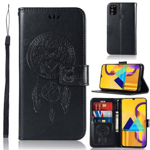 Intricate Embossing Owl Campanula Leather Wallet Case for Samsung Galaxy M30s - Black