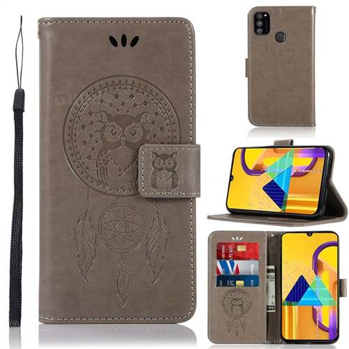 Intricate Embossing Owl Campanula Leather Wallet Case for Samsung Galaxy M30s - Grey