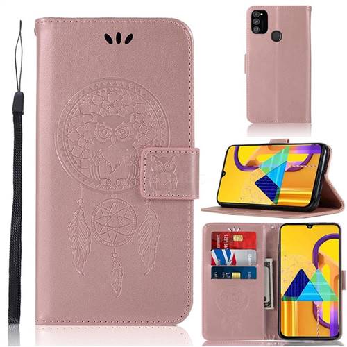 Intricate Embossing Owl Campanula Leather Wallet Case for Samsung Galaxy M30s - Rose Gold