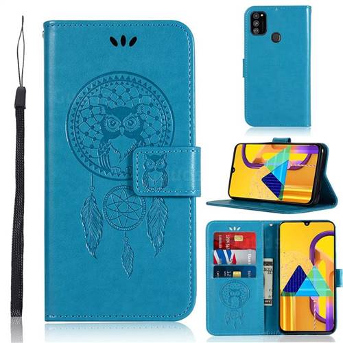 Intricate Embossing Owl Campanula Leather Wallet Case for Samsung Galaxy M30s - Blue