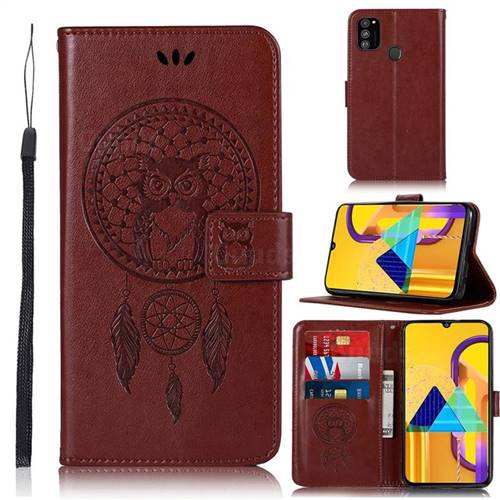 Intricate Embossing Owl Campanula Leather Wallet Case for Samsung Galaxy M30s - Brown