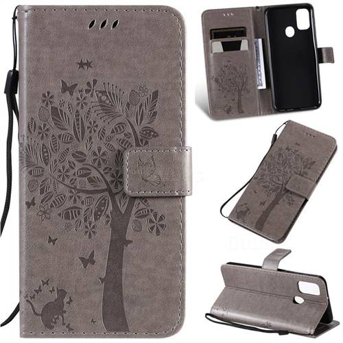 Embossing Butterfly Tree Leather Wallet Case for Samsung Galaxy M30s - Grey