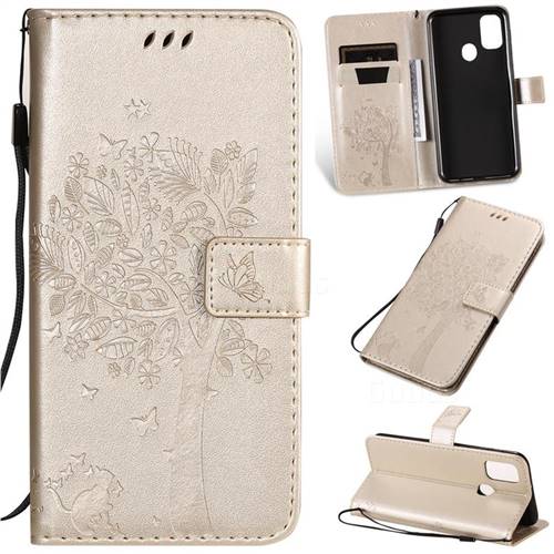 Embossing Butterfly Tree Leather Wallet Case for Samsung Galaxy M30s - Champagne