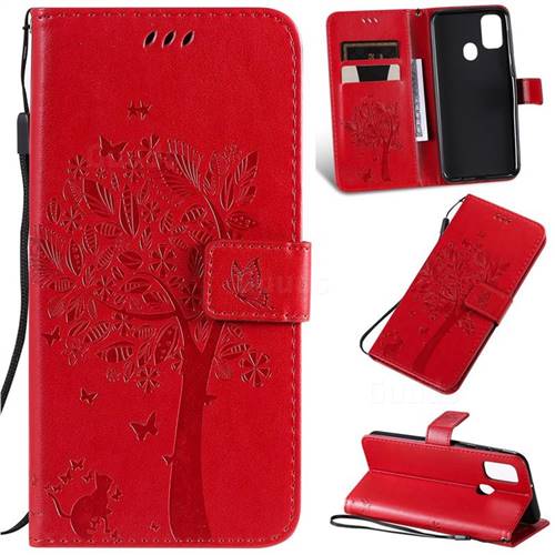 Embossing Butterfly Tree Leather Wallet Case for Samsung Galaxy M30s - Red