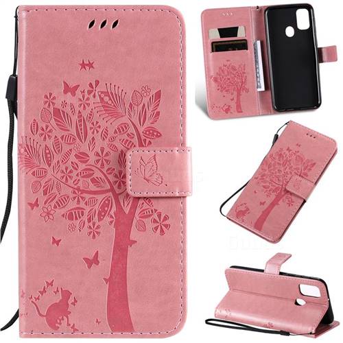 Embossing Butterfly Tree Leather Wallet Case for Samsung Galaxy M30s - Pink