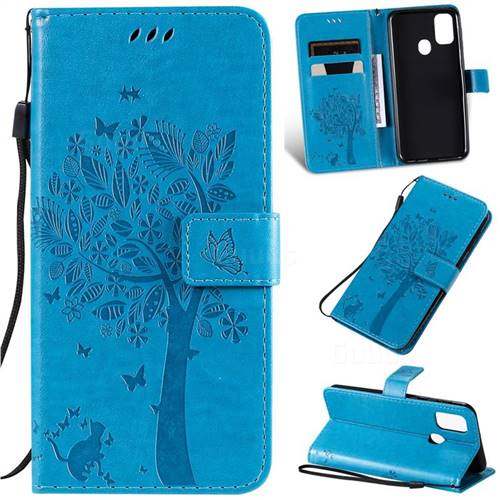 Embossing Butterfly Tree Leather Wallet Case for Samsung Galaxy M30s - Blue