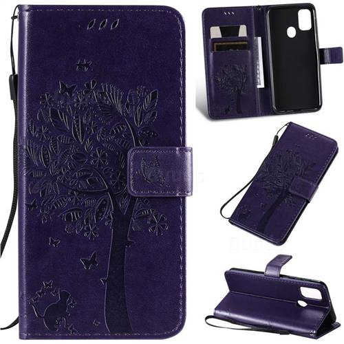 Embossing Butterfly Tree Leather Wallet Case for Samsung Galaxy M30s - Purple