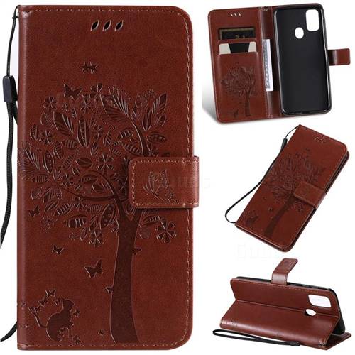 Embossing Butterfly Tree Leather Wallet Case for Samsung Galaxy M30s - Coffee