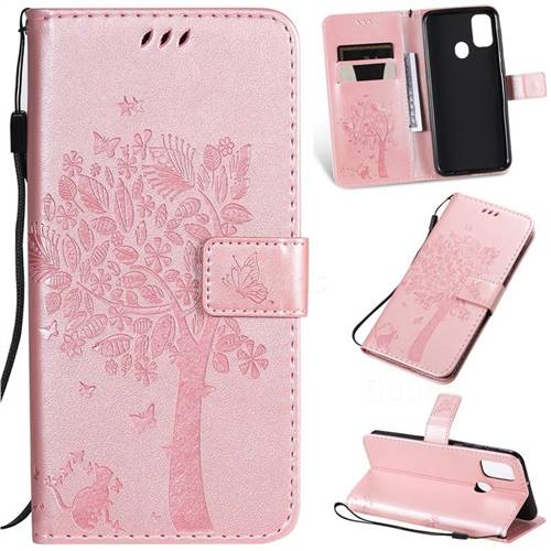 Embossing Butterfly Tree Leather Wallet Case for Samsung Galaxy M30s - Rose Pink