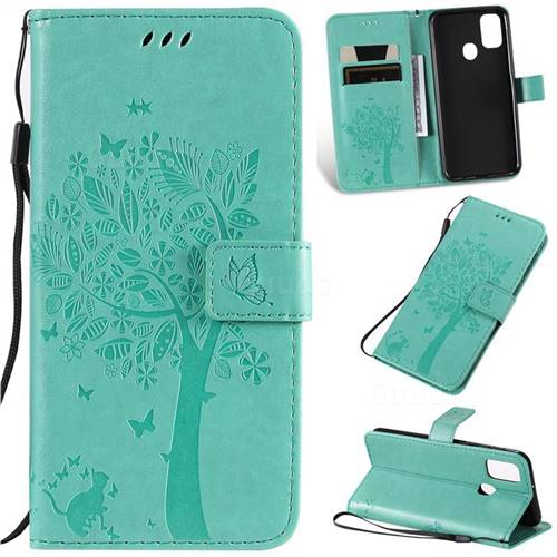 Embossing Butterfly Tree Leather Wallet Case for Samsung Galaxy M30s - Cyan