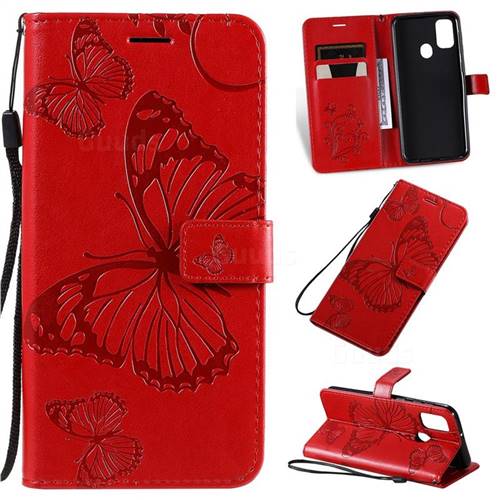 Embossing 3D Butterfly Leather Wallet Case for Samsung Galaxy M30s - Red