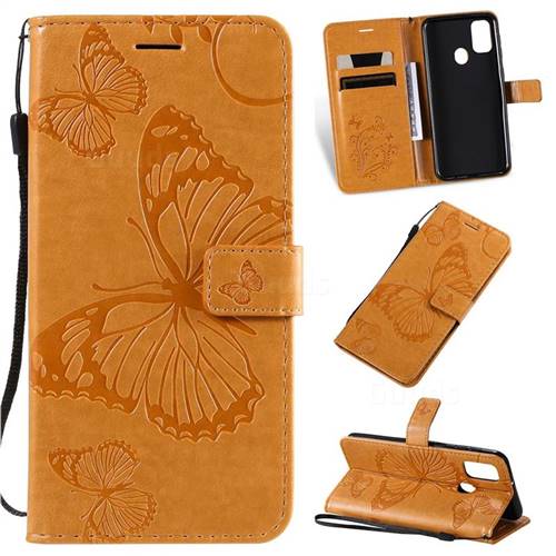 Embossing 3D Butterfly Leather Wallet Case for Samsung Galaxy M30s - Yellow
