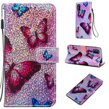 Blue Butterfly Sequins Painted Leather Wallet Case for Samsung Galaxy M30s