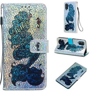 Mermaid Seahorse Sequins Painted Leather Wallet Case for Samsung Galaxy M30s