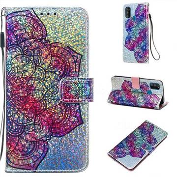 Glutinous Flower Sequins Painted Leather Wallet Case for Samsung Galaxy M30s