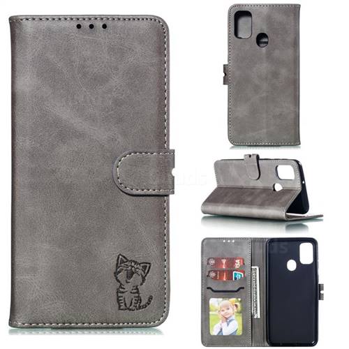 Embossing Happy Cat Leather Wallet Case for Samsung Galaxy M30s - Gray