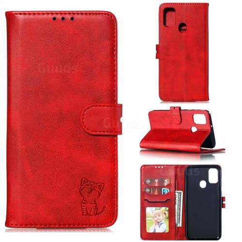 Embossing Happy Cat Leather Wallet Case for Samsung Galaxy M30s - Red