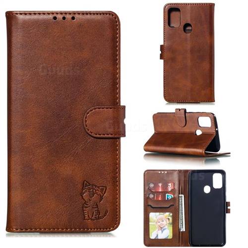 Embossing Happy Cat Leather Wallet Case for Samsung Galaxy M30s - Brown