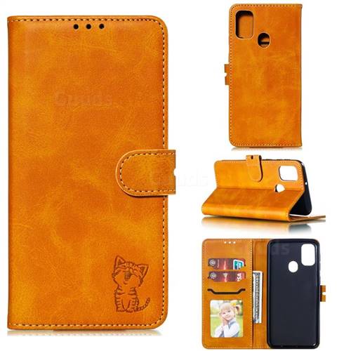 Embossing Happy Cat Leather Wallet Case for Samsung Galaxy M30s - Yellow