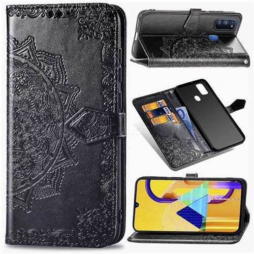 Embossing Imprint Mandala Flower Leather Wallet Case for Samsung Galaxy M30s - Black