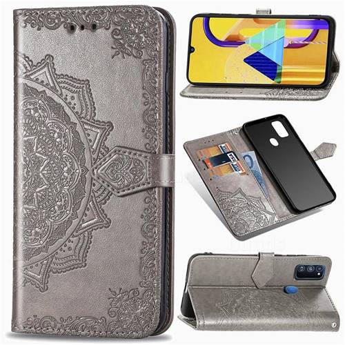Embossing Imprint Mandala Flower Leather Wallet Case for Samsung Galaxy M30s - Gray