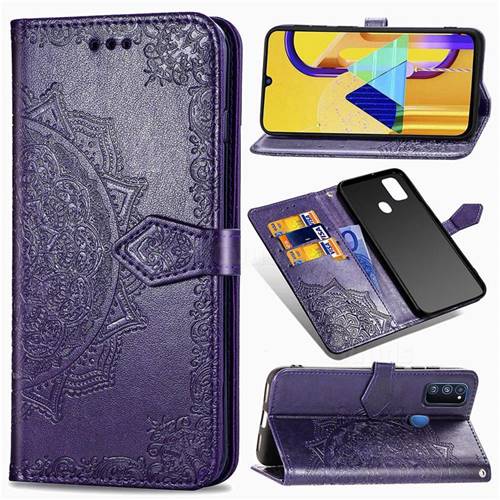Embossing Imprint Mandala Flower Leather Wallet Case for Samsung Galaxy M30s - Purple