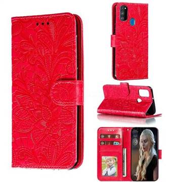 Intricate Embossing Lace Jasmine Flower Leather Wallet Case for Samsung Galaxy M30s - Red