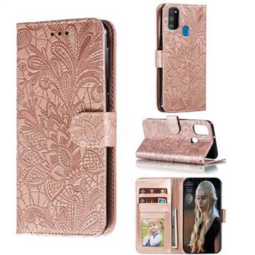 Intricate Embossing Lace Jasmine Flower Leather Wallet Case for Samsung Galaxy M30s - Rose Gold