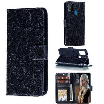 Intricate Embossing Lace Jasmine Flower Leather Wallet Case for Samsung Galaxy M30s - Dark Blue