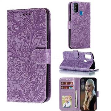 Intricate Embossing Lace Jasmine Flower Leather Wallet Case for Samsung Galaxy M30s - Purple