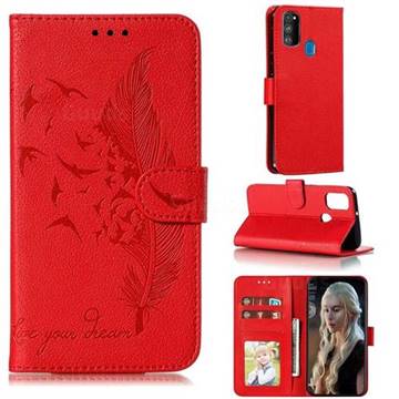 Intricate Embossing Lychee Feather Bird Leather Wallet Case for Samsung Galaxy M30s - Red