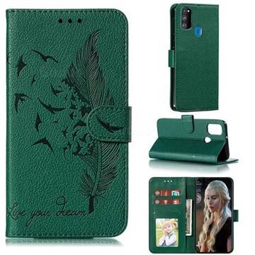 Intricate Embossing Lychee Feather Bird Leather Wallet Case for Samsung Galaxy M30s - Green