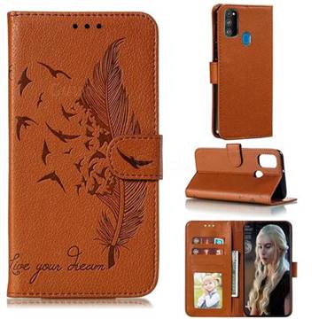 Intricate Embossing Lychee Feather Bird Leather Wallet Case for Samsung Galaxy M30s - Brown