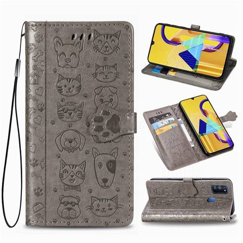 Embossing Dog Paw Kitten and Puppy Leather Wallet Case for Samsung Galaxy M30s - Gray
