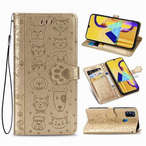 Embossing Dog Paw Kitten and Puppy Leather Wallet Case for Samsung Galaxy M30s - Champagne Gold