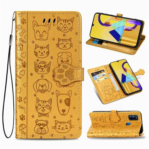 Embossing Dog Paw Kitten and Puppy Leather Wallet Case for Samsung Galaxy M30s - Yellow