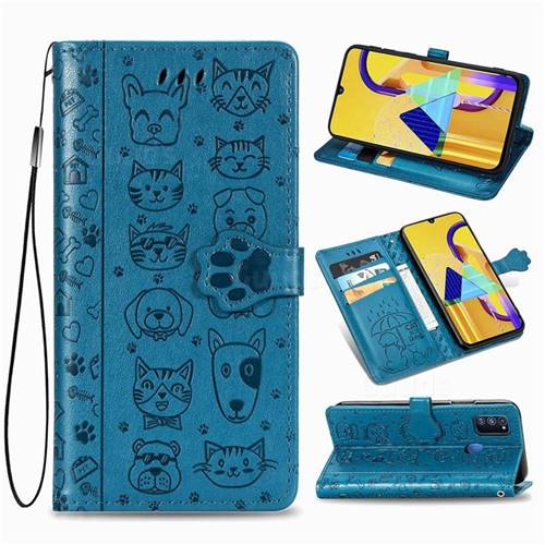 Embossing Dog Paw Kitten and Puppy Leather Wallet Case for Samsung Galaxy M30s - Blue