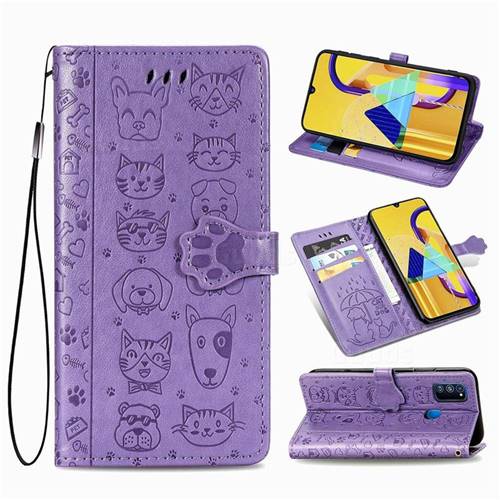 Embossing Dog Paw Kitten and Puppy Leather Wallet Case for Samsung Galaxy M30s - Purple