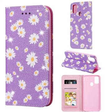 Ultra Slim Daisy Sparkle Glitter Powder Magnetic Leather Wallet Case for Samsung Galaxy M30s - Purple