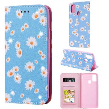 Ultra Slim Daisy Sparkle Glitter Powder Magnetic Leather Wallet Case for Samsung Galaxy M30s - Blue